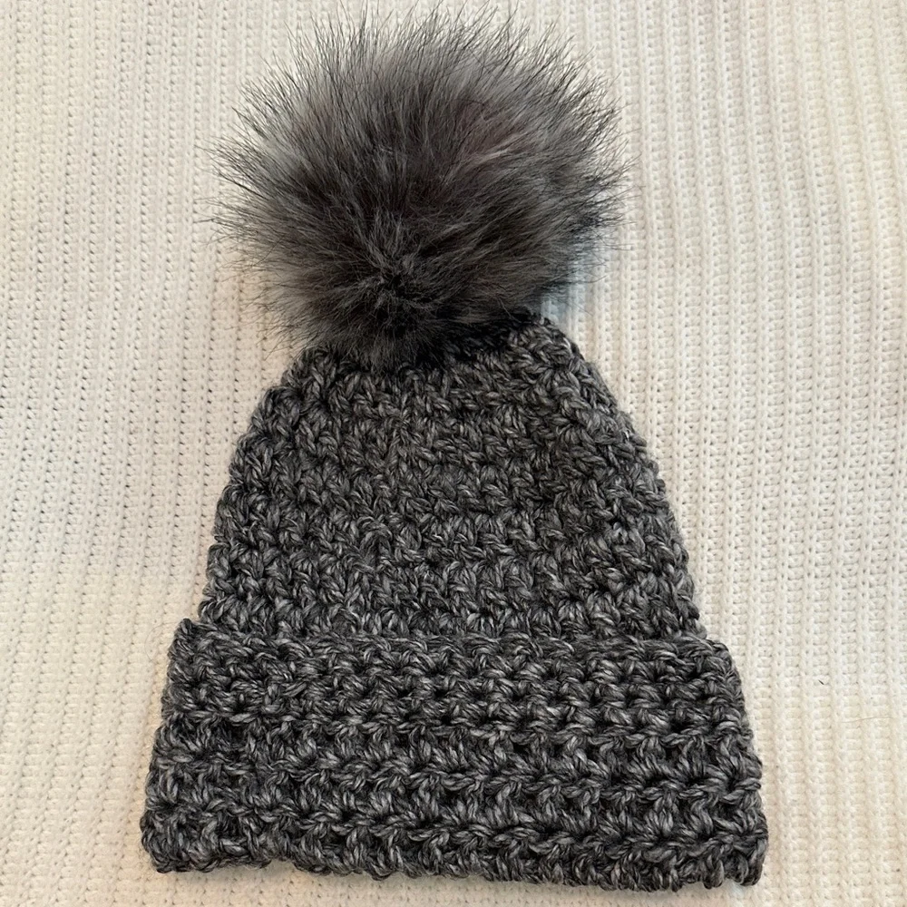 Super Warm Chunky Crochet Knit Gray Beanie Hat with Oversized Faux Fur Pom, OS